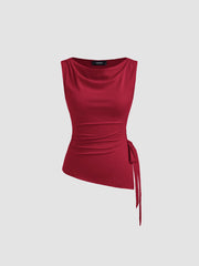 Cowl Neck Ruched Split Knotted Asymmetrical Tank Top