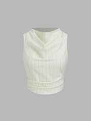 Cotton-blend Cowl Neck Stripe Ruched Tank Top