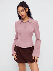 Collar Striped Cinched Waist Bell Sleeve Shirt