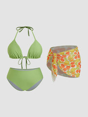 V-neck Knotted Halter Full Coverage Bikini Set With Fruit Sarong Curve & Plus