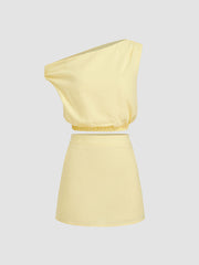 Linen-blend Asymmetrical Neck Elastic Waist Crop Top With Mini Skirt