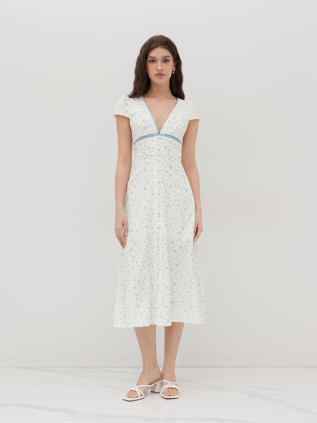 V-neck Floral Button Midi Dress