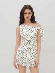Polka Dot Asymmetrical Neck Ruched Romper