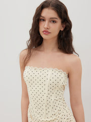 Mesh Polka Dot Lace Trim Draped Bandeau Mini Dress