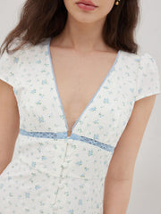 V-neck Floral Button Midi Dress