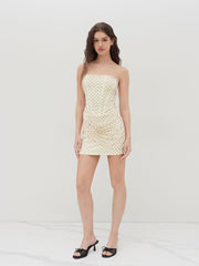 Mesh Polka Dot Lace Trim Draped Bandeau Mini Dress