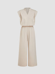 V-neck Elastic Waist Ruched Straight Leg Jumpsuit