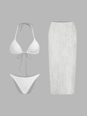 Halter Neckline Knotted Triangle Bikini Set With Floral Cover Up Skirt