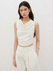 Cotton-blend Cowl Neck Stripe Ruched Tank Top
