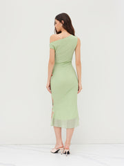 Mesh Asymmetrical Neck Floral Ruched Lettuce Trim Midi Dress