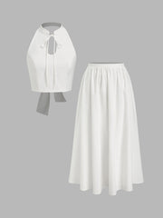 Linen-blend Halter Neckline Stand Collar Backless Knotted Top With Maxi Skirt