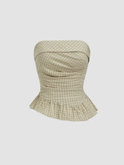 Plaid Ruched Asymmetrical Hem Fold Over Bandeau Top