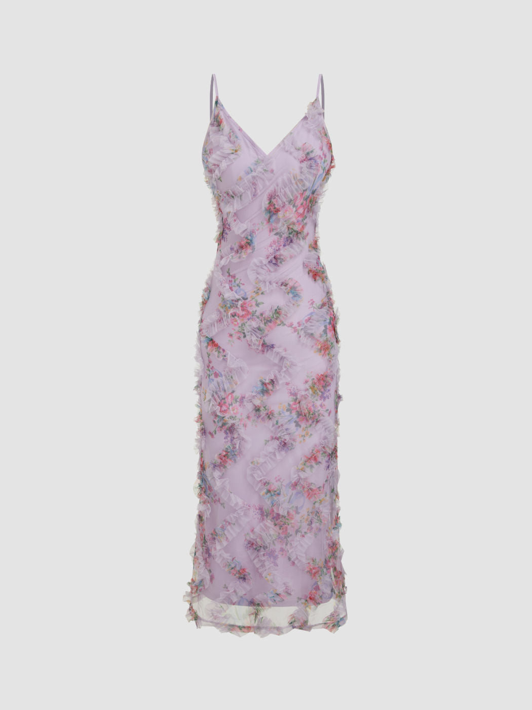Mesh V-neck Floral Lettuce Trim Midi Dress