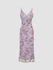 Mesh V-neck Floral Lettuce Trim Midi Dress