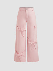 Cider Denim Low Rise Solid Bowknot Pocket Wide Leg Jeans