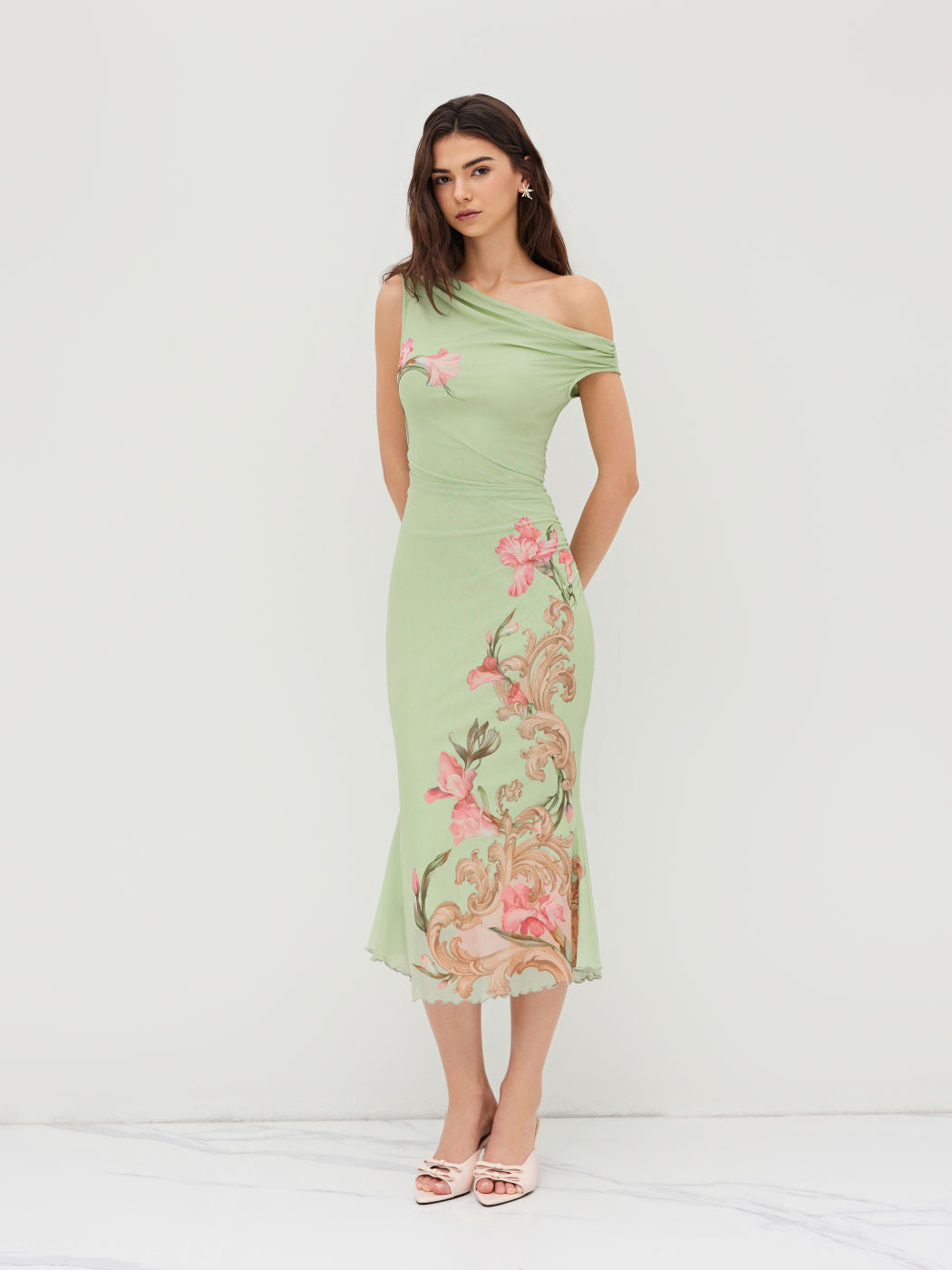 Mesh Asymmetrical Neck Floral Ruched Lettuce Trim Midi Dress
