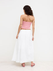 Cotton Mid Rise Elastic Waist Broderie Anglaise Trim Maxi Skirt