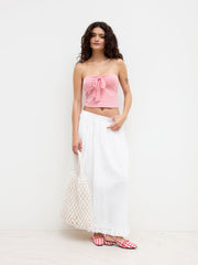 Cotton Mid Rise Elastic Waist Broderie Anglaise Trim Maxi Skirt