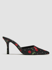 CHERRY PATTERN POINTED TOE SATIN HEELS