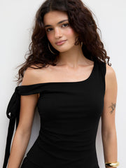 Cotton-blend Asymmetrical Neck Knotted Ruched Mini Dress