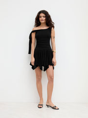 Cotton-blend Asymmetrical Neck Knotted Ruched Mini Dress