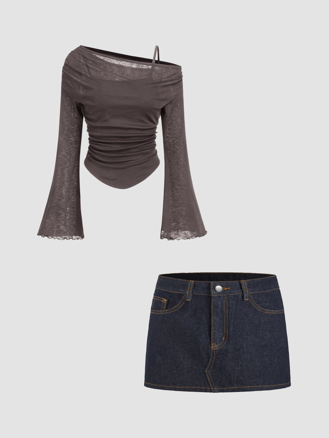 Asymmetrical Neck Ruched Lettuce Trim Tee & The Mini