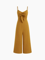 100% Cotton Bowknot Shirred Cropped Wide Leg Jumpsuit