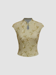 Mandarin Collar Butterfly & Bamboo Stripe Top