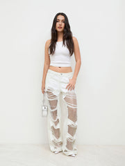 Denim Low Rise Ripped Hollow Out See-through Wide Leg Jeans