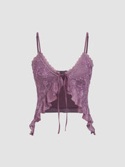 V-neck Lace Trim Ruffle Hem Tie Front Cami Top