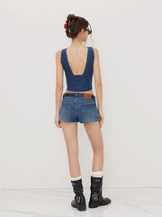 Stretch Denim V-neck Bowknot Tank Top