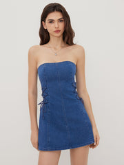 High Stretch Denim Bandeau Lace Up Mini Dress