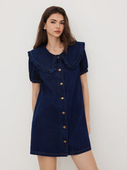 Denim Peter Pan Collar Button Through Smock Puff Sleeve Mini Dress