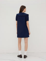 Denim Peter Pan Collar Button Through Smock Puff Sleeve Mini Dress