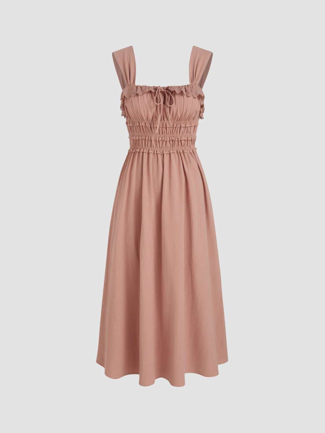 100% Cotton Square Neck Shirred Lettuce Trim Bowknot Maxi Dress