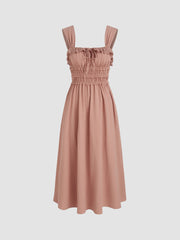 100% Cotton Square Neck Shirred Lettuce Trim Bowknot Maxi Dress