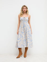 Cotton Square Neck Floral Ruched Knotted Midi Dress