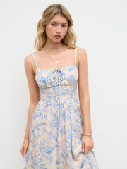 Cotton Square Neck Floral Ruched Knotted Midi Dress