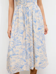 Cotton Square Neck Floral Ruched Knotted Midi Dress