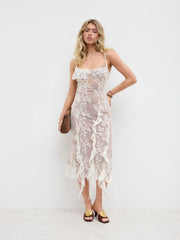 Lace V-neck Floral Ruffle Hem Maxi Dress