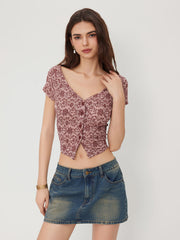 Off-shoulder & V-Neck Floral Button Through Top