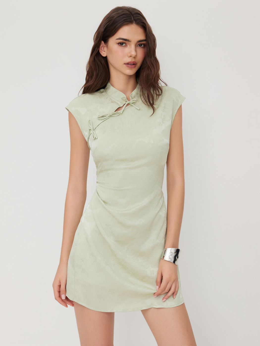 Satin Mandarin Collar Floral Tie Front Ruched Mini Dress