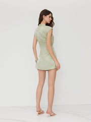 Satin Mandarin Collar Floral Tie Front Ruched Mini Dress