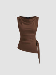 Cowl Neck Ruched Split Knotted Asymmetrical Tank Top