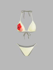 V-neck Floral Knotted Halter Bikini Set With Cover Up Skirt