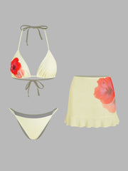 V-neck Floral Knotted Halter Bikini Set With Cover Up Skirt
