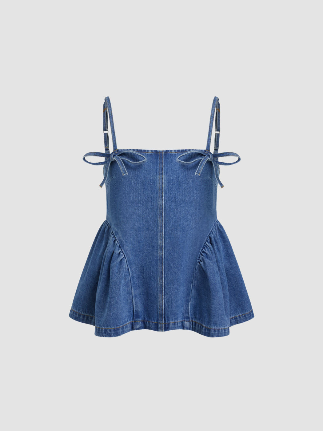 Denim Knotted Ruffle Hem Shirred Oversized Cami Top
