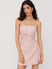 Jacquard Floral Lace Up Ruched Bandeau Mini Dress