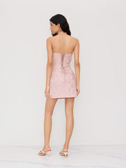 Jacquard Floral Lace Up Ruched Bandeau Mini Dress