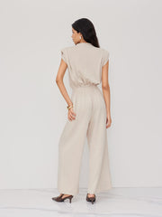 V-neck Elastic Waist Ruched Straight Leg Jumpsuit